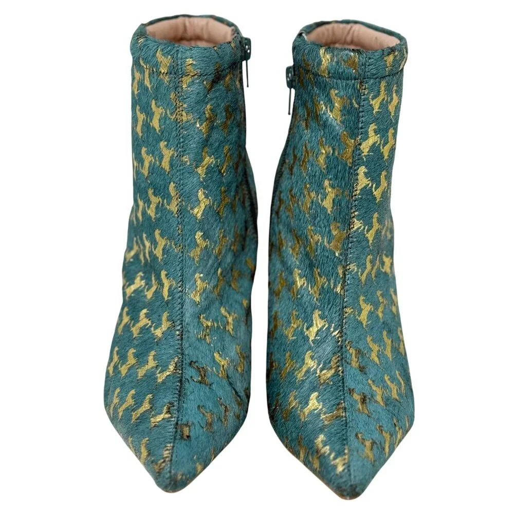 Jeffery Campbell Handmade Teal &‎ Gold Horse Houndstooth Ankle Boots 8.5M